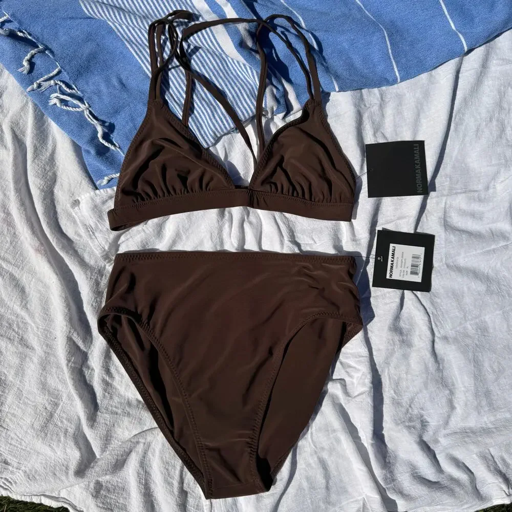 Norma Kamali Bikini Size XL Set Brown Jog Bra & High Waist Full Coverage Bottoms